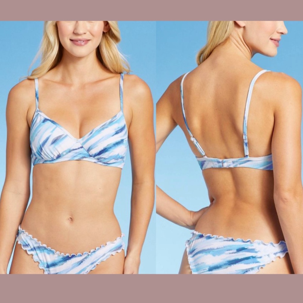 NWT $28 Shade & Shore [ 32B ] Ribbed Bralette Bikini Top‎ in Blue Tie Dye